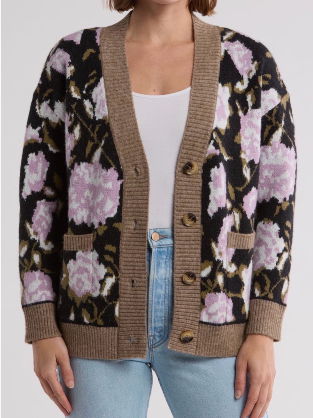 Oversized Floral Jacquard Button-Front Cardigan Sweater. Size L